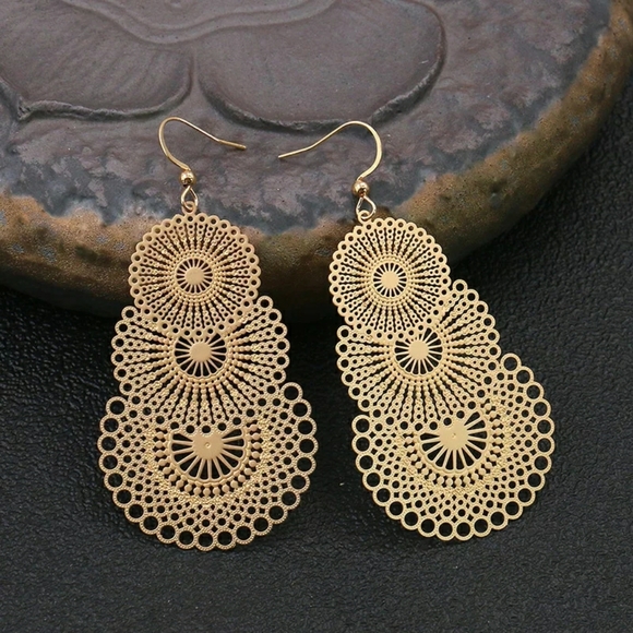 3 Pair Set Filigree Leaf Waterdrop Dangle Earring - Picture 7 of 16